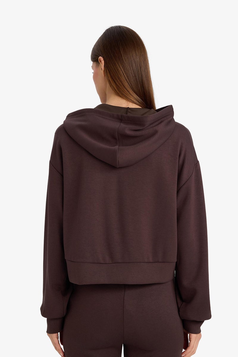 DeFacto Brown Woman Loose Fit Modal Zip-Up Hoodie Casual - Image 5